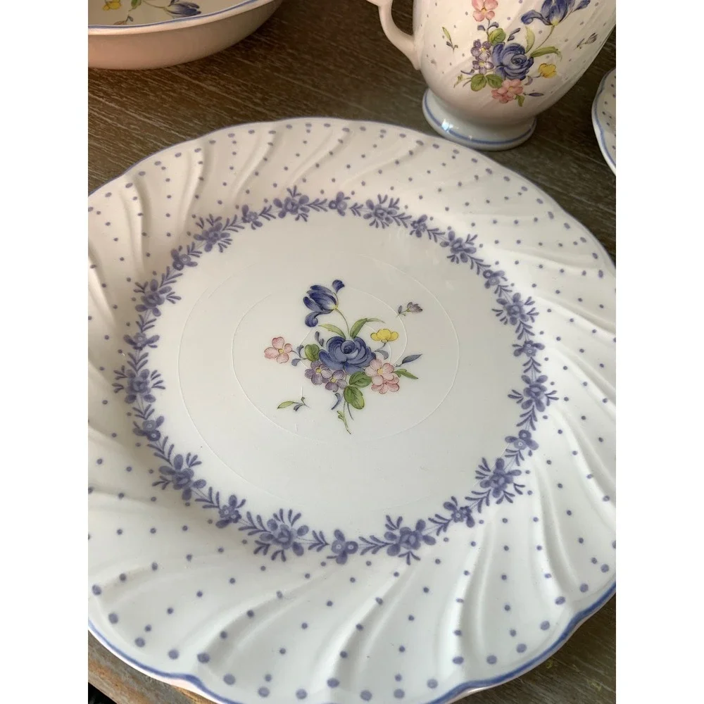 Nikko Blue Floral Polka Dot Porcelain Dinnerware 4pc Cottagecore Scalloped Rim